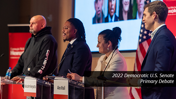 John Fetterman, Malcolm Kenyatta, Alex Khalil, and Conor Lamb debating during senate primary